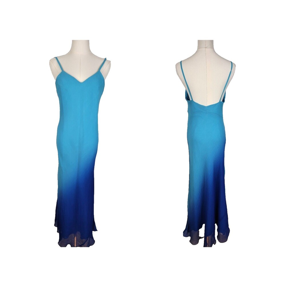 Vtg 90s Blue Ombre Bias Cut Maxi Dress M Sheer Slip Dress Y2k